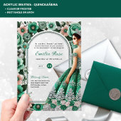 ACRYL Quinceañera Emerald GREEN Zilveren Jurk Acryl Uitnodigingen