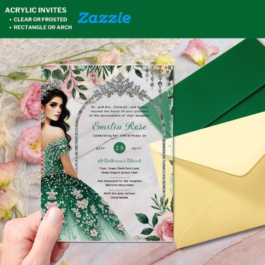 ACRYL Quinceañera Emerald GREEN Zilveren Jurk Acryl Uitnodigingen