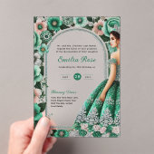 ACRYL Quinceañera Emerald GREEN Zilveren Jurk Acryl Uitnodigingen (Insitu (Draagbaar))