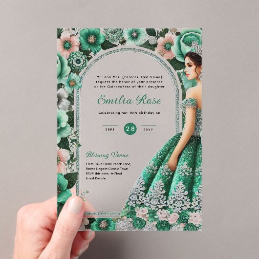 ACRYL Quinceañera Emerald GREEN Zilveren Jurk Acryl Uitnodigingen (Insitu (Draagbaar))