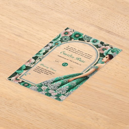 ACRYL Quinceañera Emerald GREEN Zilveren Jurk Acryl Uitnodigingen (Laagn)