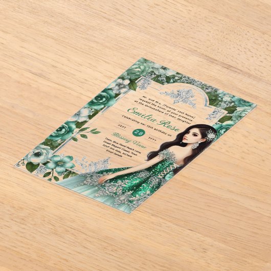 ACRYL Quinceañera Emerald GREEN Zilveren Jurk Acryl Uitnodigingen (Laagn)