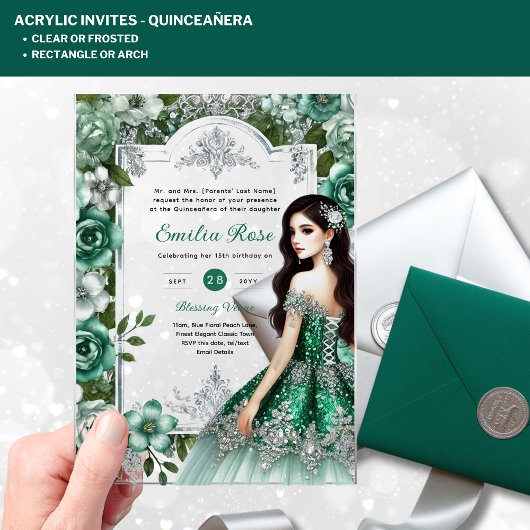 ACRYL Quinceañera Emerald GREEN Zilveren Jurk Uitnodigingen