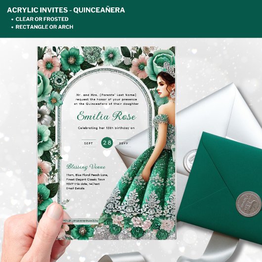 ACRYL Quinceañera Emerald GREEN Zilveren Jurk Uitnodigingen