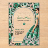 ACRYL Quinceañera Emerald GREEN Zilveren Jurk Uitnodigingen (Voorkant)