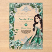 ACRYL Quinceañera Emerald GREEN Zilveren Jurk Uitnodigingen (Voorkant)
