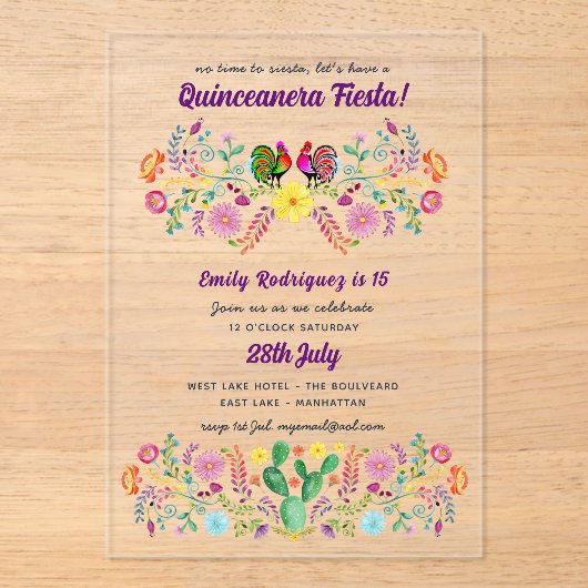 ACRYL Quinceanera Fiesta Folkart Bloemvogels Acryl Uitnodigingen (Voorkant)