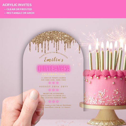 ACRYL Quinceanera Hot Pink Gold Glam Diva Quince Acryl Uitnodigingen