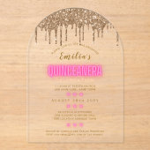 ACRYL Quinceanera Hot Pink Gold Glam Diva Quince Acryl Uitnodigingen (Voorkant)