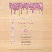 ACRYL Quinceanera Roos Goud Roze Glitter Acryl Uitnodigingen (Voorkant)