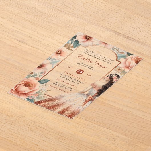 ACRYL Quinceanera Roos Goud Roze Jurk Tiara Acryl Uitnodigingen (Laagn)