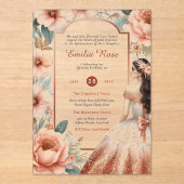 ACRYL Quinceanera Roos Goud Roze Jurk Tiara Acryl Uitnodigingen (Voorkant)