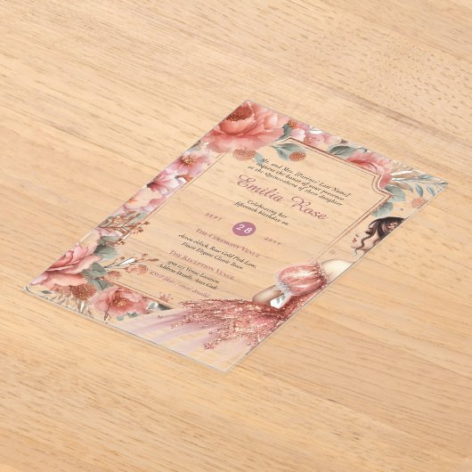 ACRYL Quinceanera Roos Goud Roze Jurk Tiara Acryl Uitnodigingen (Laagn)