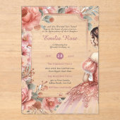 ACRYL Quinceanera Roos Goud Roze Jurk Tiara Uitnodigingen (Voorkant)