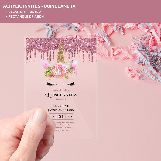 ACRYL Quinceanera Roze Eenhoorn Druppelende Glitte Acryl Uitnodigingen