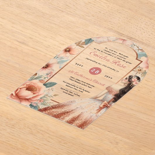 Acryl Quinceañera Uitnodiging – Stoffig Roos Bloem (Laagn)