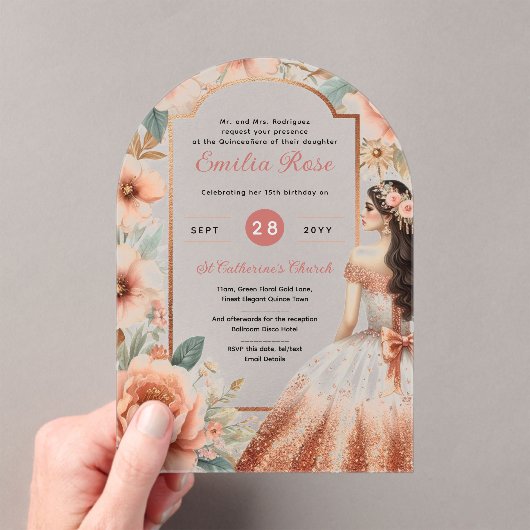Acryl Quinceañera Uitnodiging – Stoffig Roos Bloem (Insitu (Draagbaar))
