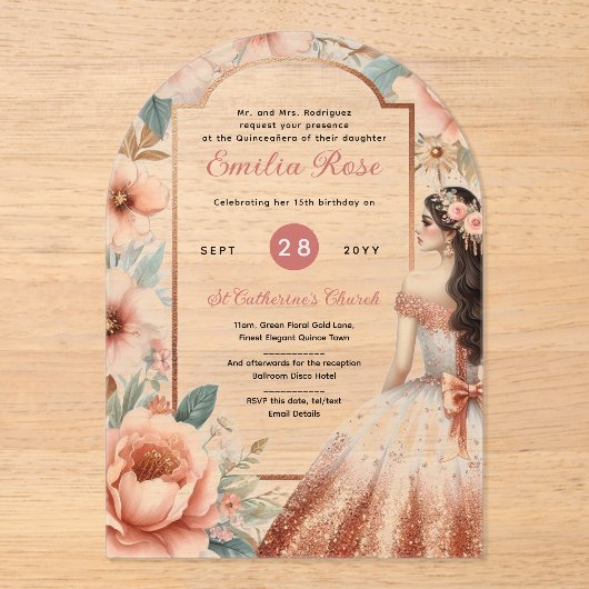 Acryl Quinceañera Uitnodiging – Stoffig Roos Bloem (Voorkant)