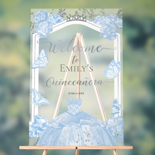 Acryl Quinceanera Welkomstbord | blauwe jurk Acryl Bord (Neutraal)