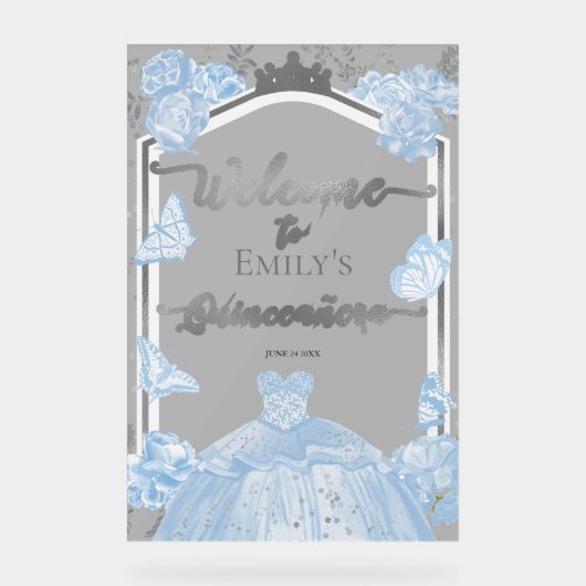 Acryl Quinceanera Welkomstbord | blauwe jurk Bord (Voorkant)