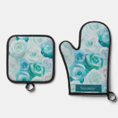 Acryl Rosen in Blau Türkis Farben  Ovenwant & Pannenlap Set (Voorkant)