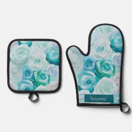 Acryl Rosen in Blau Türkis Farben  Ovenwant & Pannenlap Set