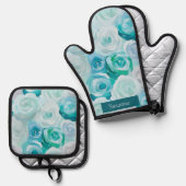 Acryl Rosen in Blau Türkis Farben Ovenwant & Pannenlap Set (Voorkant / Achterkant)