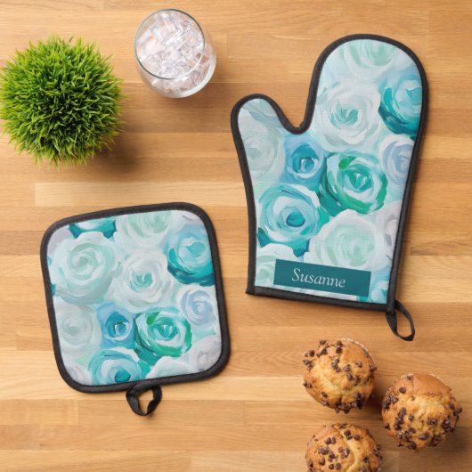 Acryl Rosen in Blau Türkis Farben  Ovenwant & Pannenlap Set (Top down)