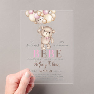 Acryl Roze Beer Baby shower Meisje Spaans Acryl Uitnodigingen