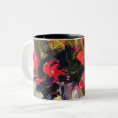 Acryl schilderij, rode bloemen tweekleurige koffiemok (Voorkant links)