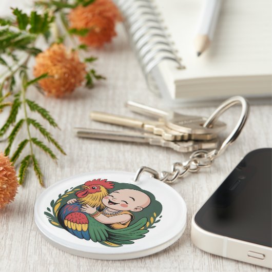 Acryl Sleutelhanger | Chloe Baby knuffelt de haan (Voorkant Rechts)