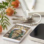 Acryl sleutelhanger met paar pauw afbeelding. (Voorkant Rechts)