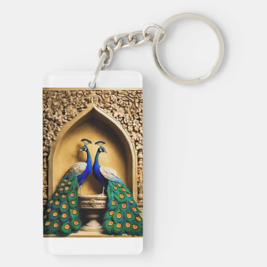 Acryl sleutelhanger met paar pauw afbeelding. (achterkant)