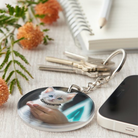 Acryl Sleutelhanger met witte kitten (Voorkant Rechts)
