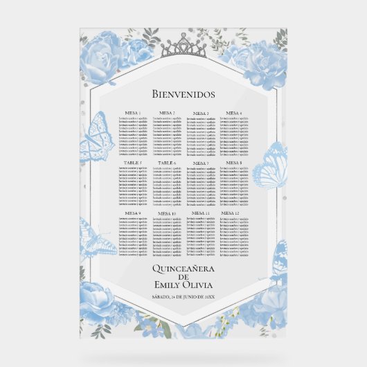 Acryl Spaans Quinceanera Zitplaatskaart Zig Blauw Acryl Bord (Voorkant)