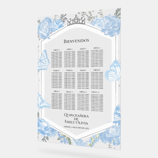 Acryl Spaans Quinceanera Zitplaatskaart Zig Blauw Acryl Bord (Hoek)