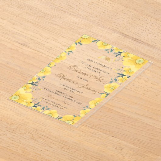 Acryl Spaanse Quinceanera gele bloemen invit Acryl Uitnodigingen (Laagn)