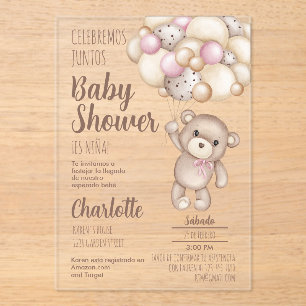 Acryl teddybeer Baby shower meisje Spaans Acryl Uitnodigingen