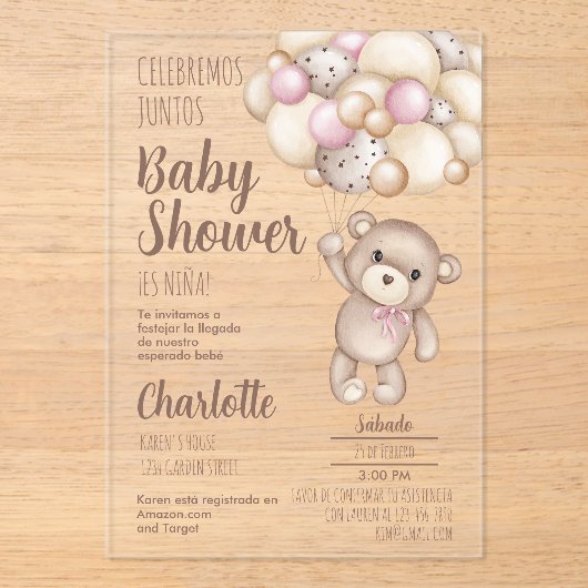 Acryl teddybeer Baby shower meisje Spaans Acryl Uitnodigingen (Voorkant)