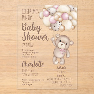 Acryl teddybeer Baby shower meisje Spaans Uitnodigingen