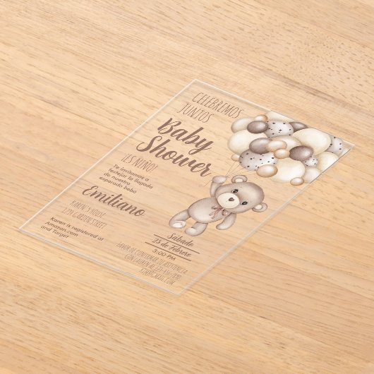 Acryl teddybeer Baby shower Spaans Uitnodiging (Laagn)