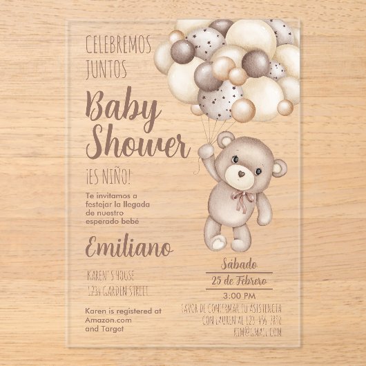 Acryl teddybeer Baby shower Spaans Uitnodiging (Voorkant)