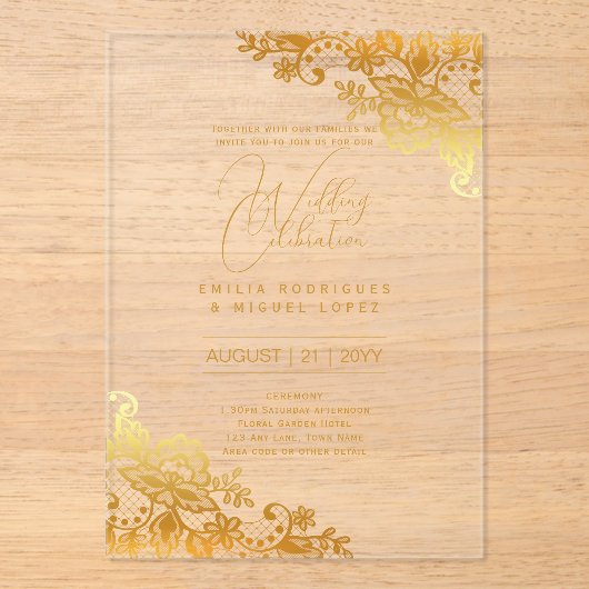 Acryl Trouwkaarten Gouden Kant Tekst Elegant Acryl Uitnodigingen (Voorkant)