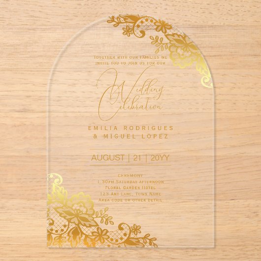 Acryl Trouwuitnodigingen Gouden Kant Tekst Elegant Acryl Uitnodigingen (Voorkant)