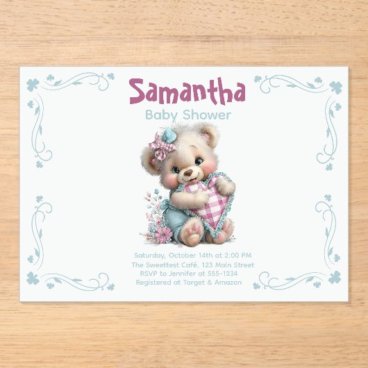 Acryl uitnodiging Teddybeer babyshower (Voorkant)