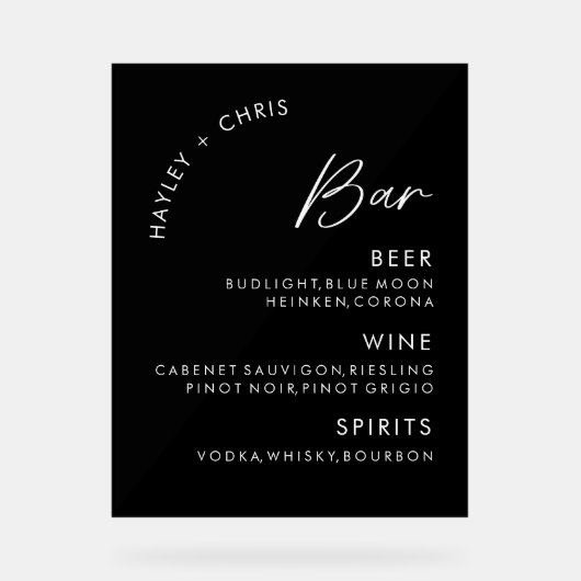 Acryl Wedding Bar Zwart Bar Menu Acryl Bord (Voorkant)