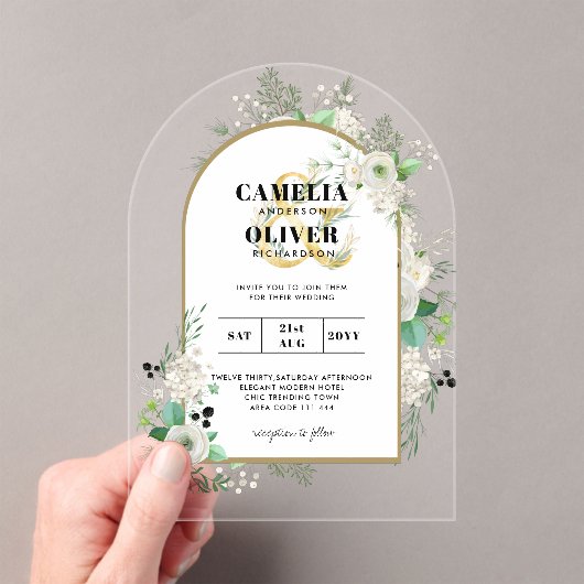 ACRYL Wedding nodigt Boho White Roses Rustic uit Acryl Uitnodigingen (Insitu (Draagbaar))