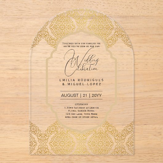 ACRYL Wedding Nodigt Goud Elegant Fancy Acryl Uitnodigingen (Voorkant)