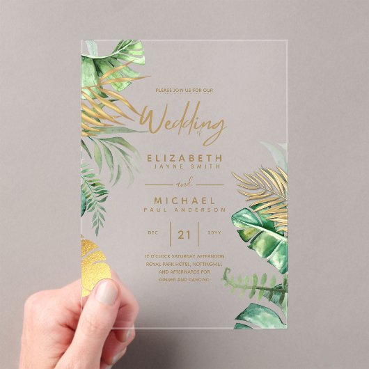 ACRYL Wedding nodigt tropisch Gold Leaf Beach uit Acryl Uitnodigingen (Insitu (Draagbaar))