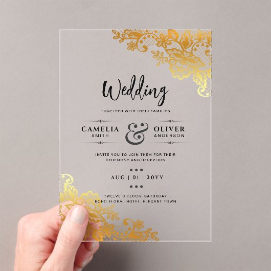 ACRYL Wedding nodigt uit tot elegante gouden kant Acryl Uitnodigingen (Insitu (Draagbaar))